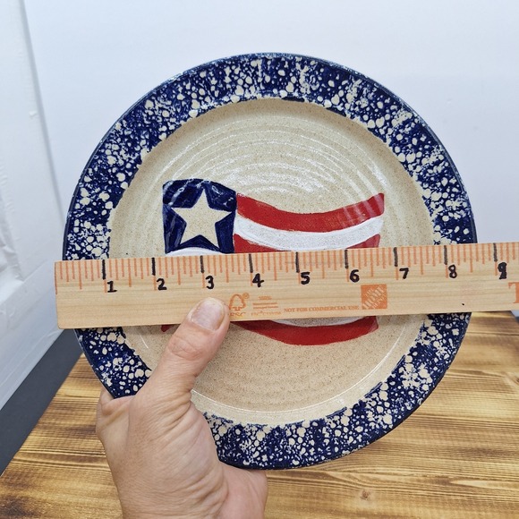 Handcrafted Liberty Pottery Plate American Flag Hand Painted Becky 2005 Patriot - Picture 7 of 7